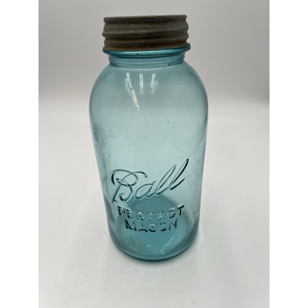 Vintage Ball Perfect Mason Aqua Blue Half Gallon Jar w/ Original Zinc Lid